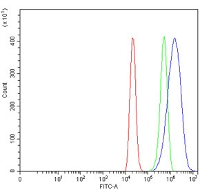 Flow cytometry testing of human ThP-1 cells with TGR5 antibody at 1ug/million cells (blocked with goat sera); Red=cells alone, Green=isotype control, Blue= TGR5 antibody.~