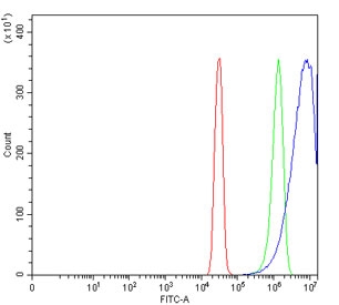 Flow cytometry testing of human SiHa cells with PDIA6 antibody at 1ug/million cells (blocked with goat sera); Red=cells alone, Green=isotype control, Blue= PDIA6 antibody.