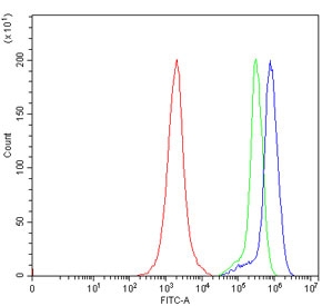 Flow cytometry testing of human Jurkat cells with TPR antibody at 1ug/million cells (blocked with goat sera); Red=cells alone, Green=isotype control, Blue= TPR antibody.