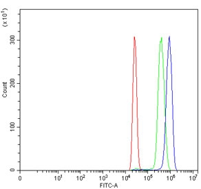 Flow cytometry testing of human HL60 cells with DAO antibody at 1ug/million cells (blocked with goat sera); Red=cells alone, Green=isotype control, Blue= DAO antibody.~