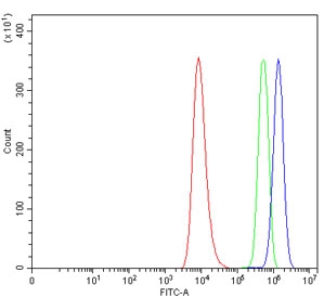 Flow cytometry testing of human HEL cells with Alpha/beta-hydrolase 4 antibody at 1ug/million cells (blocked with goat sera); Red=cells alone, Green=isotype control, Blue= Alpha/beta-hydrolase 4 antibody.~