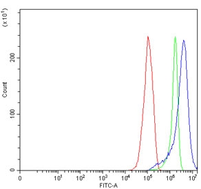 Flow cytometry testing of human RT4 cells with MX1 antibody at 1ug/million cells (blocked with goat sera); Red=cells alone, Green=isotype control, Blue= MX1 antibody.~