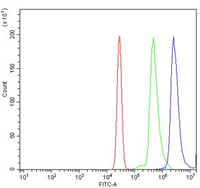 Flow cytometry testing of human U937 cells with STAT6 antibody at 1ug/million cells (blocked with goat sera); Red=cells alone, Green=isotype control, Blue= STAT6 antibody.~