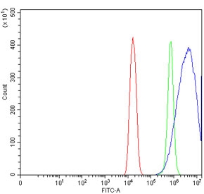 Flow cytometry testing of mouse HEPA1-6 cells with Nedd4 antibody at 1ug/million cells (blocked with goat sera); Red=cells alone, Green=isotype control, Blue= Nedd4 antibody.
