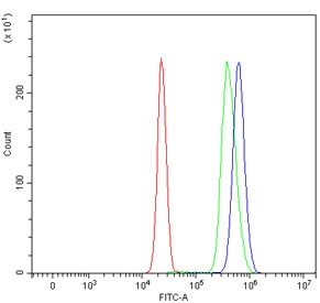 Flow cytometry testing of human HepG2 cells with PDCD4 antibody at 1ug/million cells (blocked with goat sera); Red=cells alone, Green=isotype control, Blue= PDCD4 antibody.~