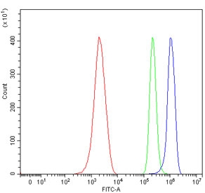 Flow cytometry testing of mouse ANA-1 cells with Ppp1r15a antibody at 1ug/million cells (blocked with goat sera); Red=cells alone, Green=isotype control, Blue= Ppp1r15a antibody.~