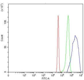 Flow cytometry testing of human SiHa cells with PSF antibody at 1ug/million cells (blocked with goat sera); Red=cells alone, Green=isotype control, Blue= PSF antibody.