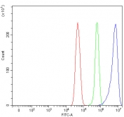 Flow cytometry testing of fixed and permeabilized human U-251 cells with NECAB3 antibody at 1ug/million cells (blocked with goat sera); Red=cells alone, Green=isotype control, Blue= NECAB3 antibody.
