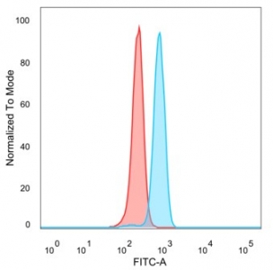 Flow cytometry testing of PFA-fixed human HeLa cells with ZNF495 antibody (clone PCRP-ZSCAN5A-2H4) followed by goat anti-mouse IgG-CF488 (blue), Red = unstained cells.~