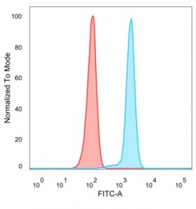 Flow cytometry testing of PFA-fixed human HeLa cells with FOXL2 antibody (clone PCRP-FOXL2-1B4) followed by goat anti-mouse IgG-CF488 (blue), Red = unstained cells.~