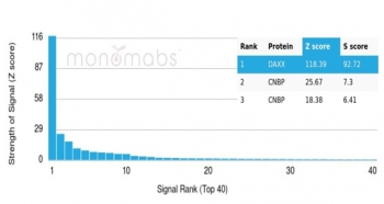 Analysis of a HuProt(TM) microarray containing more than 19,000 full-length human proteins using Death domain associated protein 6 antibody (clone PCRP-DAXX-6E11). Z- and S- Score: The Z-score represents the strength of a signal that a monoclonal antibody (in combination with a fluorescently-tagged anti-IgG s