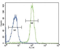 SDHD antibody flow cytometric analysis of HeLa cells (green) compared to a <a href=../search_result.php?search_txt=n1001>negative control</a> (blue). FITC-conjugated goat-anti-rabbit secondary Ab was used for the analysis.