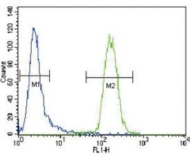 CD4 antibody flow cytometric analysis of CEM cells (right histogram) compared to a negative control cell (left histogram). FITC-conjugated goat-anti-rabbit secondary Ab was used for the analysis.