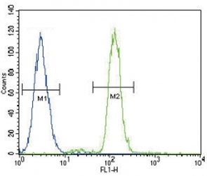 CD14 antibody flow cytometric analysis of A549 cells (green) compared to a negative control (blue).