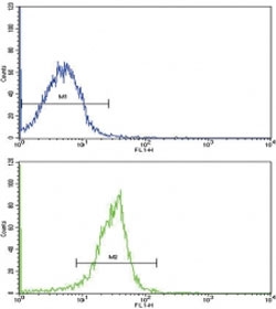 Flow cytometric analysis of WiDr cells using SPARC antibody (green) compared to a <a href=../search_result.php?search_txt=n1001>negative control</a> (blue). FITC-conjugated goat-anti-rabbit secondary Ab was used for the analysis.