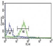 WNT1 antibody flow cytometric analysis of MCF-7 cells (green) compared to a <a href=../search_result.php?search_txt=n1001>negative control</a> (blue). FITC-conjugated goat-anti-rabbit secondary Ab was used for the analysis.