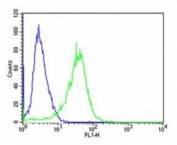Flow cytometric analysis of A431 cells using PCSK9 antibody (green) compared to an isotype control of rabbit IgG (blue). Ab was diluted at 1:25 dilution. An Alexa Fluor 488 goat anti-rabbit lgG was used as the secondary Ab.