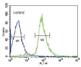 Flow cytometry testing of human HepG2 cells with EH domain-containing protein 3 antibody; Blue=isotype control, Green= EH domain-containing protein 3 antibody.