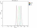 Flow Cytometry analysis of 293T cells using anti-Choriogonadotropin alpha/CGA antibody. Overlay histogram showing 293T cells stained with (Blue line). The cells were fixed with 4% paraformaldehyde and blocked with 10% normal goat serum. And then incubated with rabbit anti-CGA antibody (1 ug/million cells) for 30 min at 20oC. DyLight 488 conjugated goat anti-rabbit IgG (5-10 ug/million cells) was used as secondary antibody for 30 minutes at 20oC. Isotype control antibody (Green line) was rabbit IgG (1 ug/million cells) used under the same conditions. Unlabelled sample without incubation with primary antibody and secondary antibody (Red line) was used as a blank control.