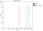 Flow Cytometry analysis of RM-1 cells using anti-Dnmt2 antibody. Overlay histogram showing RM-1 cells stained with (Blue line). To facilitate intracellular staining, cells were fixed with 4% paraformaldehyde and permeabilized with permeabilization buffer. The cells were blocked with 10% normal goat serum. And then incubated with rabbit anti-Dnmt2 antibody (1 ug/million cells) for 30 min at 20oC. DyLight 488 conjugated goat anti-rabbit IgG (5-10 ug/million cells) was used as secondary antibody for 30 minutes at 20oC. Isotype control antibody (Green line) was rabbit IgG (1 ug/million cells) used under the same conditions. Unlabelled sample without incubation with primary antibody and secondary antibody (Red line) was used as a blank control.