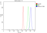 Flow Cytometry analysis of U2OS cells using anti-SMG8 antibody. Overlay histogram showing U2OS cells stained with (Blue line). To facilitate intracellular staining, cells were fixed with 4% paraformaldehyde and permeabilized with permeabilization buffer. The cells were blocked with 10% normal goat serum. And then incubated with rabbit anti-SMG8 antibody (1 ug/million cells) for 30 min at 20oC. DyLight 488 conjugated goat anti-rabbit IgG (5-10 ug/million cells) was used as secondary antibody for 30 minutes at 20oC. Isotype control antibody (Green line) was rabbit IgG (1 ug/million cells) used under the same conditions. Unlabelled sample without incubation with primary antibody and secondary antibody (Red line) was used as a blank control.