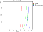 Flow Cytometry analysis of PC-3 cells using anti-SPATA17 antibody. Overlay histogram showing PC-3 cells stained with (Blue line). To facilitate intracellular staining, cells were fixed with 4% paraformaldehyde and permeabilized with permeabilization buffer. The cells were blocked with 10% normal goat serum. And then incubated with rabbit anti-SPATA17 antibody (1 ug/million cells) for 30 min at 20oC. DyLight 488 conjugated goat anti-rabbit IgG (5-10 ug/million cells) was used as secondary antibody for 30 minutes at 20oC. Isotype control antibody (Green line) was rabbit IgG (1 ug/million cells) used under the same conditions. Unlabelled sample without incubation with primary antibody and secondary antibody (Red line) was used as a blank control.