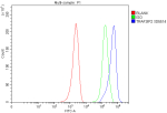 Flow Cytometry analysis of MCF-7 cells using anti-TRAF3IP2 antibody. Overlay histogram showing MCF-7 cells stained with (Blue line). To facilitate intracellular staining, cells were fixed with 4% paraformaldehyde and permeabilized with permeabilization buffer. The cells were blocked with 10% normal goat serum. And then incubated with rabbit anti-TRAF3IP2 antibody (1 ug/million cells) for 30 min at 20oC. DyLight 488 conjugated goat anti-rabbit IgG (5-10 ug/million cells) was used as secondary antibody for 30 minutes at 20oC. Isotype control antibody (Green line) was rabbit IgG (1 ug/million cells) used under the same conditions. Unlabelled sample without incubation with primary antibody and secondary antibody (Red line) was used as a blank control.