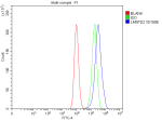 Flow Cytometry analysis of CACO-2 cells using anti-LMNTD2 antibody. Overlay histogram showing CACO-2 cells stained with (Blue line). To facilitate intracellular staining, cells were fixed with 4% paraformaldehyde and permeabilized with permeabilization buffer. The cells were blocked with 10% normal goat serum. And then incubated with rabbit anti-LMNTD2 antibody (1 ug/million cells) for 30 min at 20oC. DyLight 488 conjugated goat anti-rabbit IgG (5-10 ug/million cells) was used as secondary antibody for 30 minutes at 20oC. Isotype control antibody (Green line) was rabbit IgG (1 ug/million cells) used under the same conditions. Unlabelled sample without incubation with primary antibody and secondary antibody (Red line) was used as a blank control.
