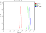 Flow Cytometry analysis of JK cells using anti-SLC14A1 antibody. Overlay histogram showing JK cells stained with (Blue line). The cells were fixed with 4% paraformaldehyde and blocked with 10% normal goat serum. And then incubated with rabbit anti-SLC14A1 antibody (1 ug/million cells) for 30 min at 20oC. DyLight 488 conjugated goat anti-rabbit IgG (5-10 ug/million cells) was used as secondary antibody for 30 minutes at 20oC. Isotype control antibody (Green line) was rabbit IgG (1 ug/million cells) used under the same conditions. Unlabelled sample (Red line) was also used as a control.