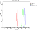 Flow Cytometry analysis of 293T cells using anti-FGD5 antibody. Overlay histogram showing 293T cells stained with (Blue line). To facilitate intracellular staining, cells were fixed with 4% paraformaldehyde and permeabilized with permeabilization buffer. The cells were blocked with 10% normal goat serum. And then incubated with rabbit anti-FGD5 antibody (1 ug/million cells) for 30 min at 20oC. DyLight 488 conjugated goat anti-rabbit IgG (5-10 ug/million cells) was used as secondary antibody for 30 minutes at 20oC. Isotype control antibody (Green line) was rabbit IgG (1 ug/million cells) used under the same conditions. Unlabelled sample without incubation with primary antibody and secondary antibody (Red line) was used as a blank control.