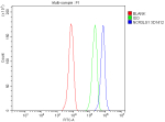Flow Cytometry analysis of HepG2 cells using anti-NCR3LG1 antibody. Overlay histogram showing HepG2 cells stained with (Blue line). The cells were fixed with 4% paraformaldehyde and blocked with 10% normal goat serum. And then incubated with rabbit anti-NCR3LG1 antibody (1 ug/million cells) for 30 min at 20oC. DyLight 488 conjugated goat anti-rabbit IgG (5-10 ug/million cells) was used as secondary antibody for 30 minutes at 20oC. Isotype control antibody (Green line) was rabbit IgG (1 ug/million cells) used under the same conditions. Unlabelled sample without incubation with primary antibody and secondary antibody (Red line) was used as a blank control.