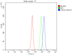Flow Cytometry analysis of SH-SY5Y cells using anti-CXXC5 antibody. Overlay histogram showing SH-SY5Y cells stained with (Blue line). To facilitate intracellular staining, cells were fixed with 4% paraformaldehyde and permeabilized with permeabilization buffer. The cells were blocked with 10% normal goat serum. And then incubated with rabbit anti-CXXC5 antibody (1 ug/million cells) for 30 min at 20oC. DyLight 488 conjugated goat anti-rabbit IgG (5-10 ug/million cells) was used as secondary antibody for 30 minutes at 20oC. Isotype control antibody (Green line) was rabbit IgG (1 ug/million cells) used under the same conditions. Unlabelled sample without incubation with primary antibody and secondary antibody (Red line) was used as a blank control.