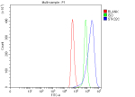 Flow Cytometry analysis of Hela cells using anti-STK32C antibody. Overlay histogram showing Hela cells stained with (Blue line). To facilitate intracellular staining, cells were fixed with 4% paraformaldehyde and permeabilized with permeabilization buffer. The cells were blocked with 10% normal goat serum. And then incubated with rabbit anti-STK32C antibody (1 ug/million cells) for 30 min at 20oC. DyLight 488 conjugated goat anti-rabbit IgG (5-10 ug/million cells) was used as secondary antibody for 30 minutes at 20oC. Isotype control antibody (Green line) was rabbit IgG (1 ug/million cells) used under the same conditions. Unlabelled sample (Red line) was also used as a control.