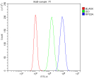 Flow Cytometry analysis of cells using anti-RPS3A antibody. Overlay histogram showing cells stained with (Blue line). To facilitate intracellular staining, cells were fixed with 4% paraformaldehyde and permeabilized with permeabilization buffer. The cells were blocked with 10% normal goat serum. And then incubated with rabbit anti-RPS3A antibody (1 ug/million cells) for 30 min at 20oC. DyLight 488 conjugated goat anti-rabbit IgG (5-10 ug/million cells) was used as secondary antibody for 30 minutes at 20oC. Isotype control antibody (Green line) was rabbit IgG (1 ug/million cells) used under the same conditions. Unlabelled sample without incubation with primary antibody and secondary antibody (Red line) was used as a blank control.