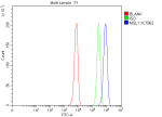 Flow Cytometry analysis of K562 cells using anti-MSL1 antibody. Overlay histogram showing K562 cells stained with (Blue line). To facilitate intracellular staining, cells were fixed with 4% paraformaldehyde and permeabilized with permeabilization buffer. The cells were blocked with 10% normal goat serum. And then incubated with rabbit anti-MSL1 antibody (1 ug/million cells) for 30 min at 20oC. DyLight 488 conjugated goat anti-rabbit IgG (5-10 ug/million cells) was used as secondary antibody for 30 minutes at 20oC. Isotype control antibody (Green line) was rabbit IgG (1 ug/million cells) used under the same conditions. Unlabelled sample without incubation with primary antibody and secondary antibody (Red line) was used as a blank control.