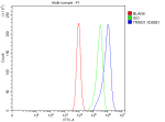 Flow Cytometry analysis of CACO-2 cells using anti-TRIM31 antibody. Overlay histogram showing CACO-2 cells stained with (Blue line). To facilitate intracellular staining, cells were fixed with 4% paraformaldehyde and permeabilized with permeabilization buffer. The cells were blocked with 10% normal goat serum. And then incubated with rabbit anti-TRIM31 antibody (1 ug/million cells) for 30 min at 20oC. DyLight 488 conjugated goat anti-rabbit IgG (5-10 ug/million cells) was used as secondary antibody for 30 minutes at 20oC. Isotype control antibody (Green line) was rabbit IgG (1 ug/million cells) used under the same conditions. Unlabelled sample without incubation with primary antibody and secondary antibody (Red line) was used as a blank control.