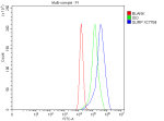 Flow Cytometry analysis of cells using anti-SLIRP antibody. Overlay histogram showing cells stained with (Blue line). To facilitate intracellular staining, cells were fixed with 4% paraformaldehyde and permeabilized with permeabilization buffer. The cells were blocked with 10% normal goat serum. And then incubated with rabbit anti-SLIRP antibody (1 ug/million cells) for 30 min at 20oC. DyLight 488 conjugated goat anti-rabbit IgG (5-10 ug/million cells) was used as secondary antibody for 30 minutes at 20oC. Isotype control antibody (Green line) was rabbit IgG (1 ug/million cells) used under the same conditions. Unlabelled sample without incubation with primary antibody and secondary antibody (Red line) was used as a blank control.