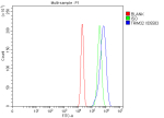 Flow Cytometry analysis of RT4 cells using anti-TRIM32 antibody. Overlay histogram showing RT4 cells stained with (Blue line). To facilitate intracellular staining, cells were fixed with 4% paraformaldehyde and permeabilized with permeabilization buffer. The cells were blocked with 10% normal goat serum. And then incubated with rabbit anti-TRIM32 antibody (1 ug/million cells) for 30 min at 20oC. DyLight 488 conjugated goat anti-rabbit IgG (5-10 ug/million cells) was used as secondary antibody for 30 minutes at 20oC. Isotype control antibody (Green line) was rabbit IgG (1 ug/million cells) used under the same conditions. Unlabelled sample without incubation with primary antibody and secondary antibody (Red line) was used as a blank control.