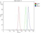 Flow Cytometry analysis of SH-SY5Y cells using anti-LRGUK antibody. Overlay histogram showing SH-SY5Y cells stained with (Blue line). To facilitate intracellular staining, cells were fixed with 4% paraformaldehyde and permeabilized with permeabilization buffer. The cells were blocked with 10% normal goat serum. And then incubated with rabbit anti-LRGUK antibody (1 ug/million cells) for 30 min at 20oC. DyLight 488 conjugated goat anti-rabbit IgG (5-10 ug/million cells) was used as secondary antibody for 30 minutes at 20oC. Isotype control antibody (Green line) was rabbit IgG (1 ug/million cells) used under the same conditions. Unlabelled sample without incubation with primary antibody and secondary antibody (Red line) was used as a blank control.