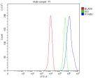 Flow Cytometry analysis of ThP-1 cells using anti-PYHIN1 antibody. Overlay histogram showing ThP-1 cells stained with (Blue line). To facilitate intracellular staining, cells were fixed with 4% paraformaldehyde and permeabilized with permeabilization buffer. The cells were blocked with 10% normal goat serum. And then incubated with rabbit anti-PYHIN1 antibody (1 ug/million cells) for 30 min at 20oC. DyLight 488 conjugated goat anti-rabbit IgG (5-10 ug/million cells) was used as secondary antibody for 30 minutes at 20oC. Isotype control antibody (Green line) was rabbit IgG (1 ug/million cells) used under the same conditions. Unlabelled sample without incubation with primary antibody and secondary antibody (Red line) was used as a blank control.