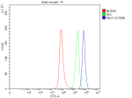 Flow Cytometry analysis of SH-SY5Y cells using anti-PEX1 antibody. Overlay histogram showing SH-SY5Y cells stained with (Blue line). To facilitate intracellular staining, cells were fixed with 4% paraformaldehyde and permeabilized with permeabilization buffer. The cells were blocked with 10% normal goat serum. And then incubated with rabbit anti-PEX1 antibody (1 ug/million cells) for 30 min at 20oC. DyLight 488 conjugated goat anti-rabbit IgG (5-10 ug/million cells) was used as secondary antibody for 30 minutes at 20oC. Isotype control antibody (Green line) was rabbit IgG (1 ug/million cells) used under the same conditions. Unlabelled sample without incubation with primary antibody and secondary antibody (Red line) was used as a blank control.