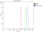 Flow Cytometry analysis of cells using anti-PTK2B antibody. Overlay histogram showing cells stained with (Blue line). To facilitate intracellular staining, cells were fixed with 4% paraformaldehyde and permeabilized with permeabilization buffer. The cells were blocked with 10% normal goat serum. And then incubated with rabbit anti-PTK2B antibody (1 ug/million cells) for 30 min at 20oC. DyLight 488 conjugated goat anti-rabbit IgG (5-10 ug/million cells) was used as secondary antibody for 30 minutes at 20oC. Isotype control antibody (Green line) was rabbit IgG (1 ug/million cells) used under the same conditions. Unlabelled sample without incubation with primary antibody and secondary antibody (Red line) was used as a blank control.