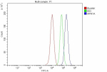 Flow Cytometry analysis of MCF-7 cells using anti-APH1A antibody. Overlay histogram showing MCF-7 cells stained with (Blue line). To facilitate intracellular staining, cells were fixed with 4% paraformaldehyde and permeabilized with permeabilization buffer. The cells were blocked with 10% normal goat serum. And then incubated with rabbit anti-APH1A antibody (1 ug/million cells) for 30 min at 20oC. DyLight 488 conjugated goat anti-rabbit IgG (5-10 ug/million cells) was used as secondary antibody for 30 minutes at 20oC. Isotype control antibody (Green line) was rabbit IgG (1 ug/million cells) used under the same conditions. Unlabelled sample without incubation with primary antibody and secondary antibody (Red line) was used as a blank control.