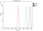 Flow Cytometry analysis of JK cells using anti-IDH3B antibody. Overlay histogram showing JK cells stained with (Blue line). To facilitate intracellular staining, cells were fixed with 4% paraformaldehyde and permeabilized with permeabilization buffer. The cells were blocked with 10% normal goat serum. And then incubated with rabbit anti-IDH3B antibody (1 ug/million cells) for 30 min at 20oC. DyLight 488 conjugated goat anti-rabbit IgG (5-10 ug/million cells) was used as secondary antibody for 30 minutes at 20oC. Isotype control antibody (Green line) was rabbit IgG (1 ug/million cells) used under the same conditions. Unlabelled sample (Red line) was also used as a control.