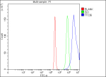Flow Cytometry analysis of 293T cells using anti-TTC36 antibody. Overlay histogram showing 293T cells stained with (Blue line). To facilitate intracellular staining, cells were fixed with 4% paraformaldehyde and permeabilized with permeabilization buffer. The cells were blocked with 10% normal goat serum. And then incubated with rabbit anti-TTC36 antibody (1 ug/million cells) for 30 min at 20oC. DyLight 488 conjugated goat anti-rabbit IgG (5-10 ug/million cells) was used as secondary antibody for 30 minutes at 20oC. Isotype control antibody (Green line) was rabbit IgG (1 ug/million cells) used under the same conditions. Unlabelled sample (Red line) was also used as a control.
