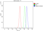 Flow Cytometry analysis of PC-12 cells using anti-TIMM10 antibody. Overlay histogram showing PC-12 cells stained with (Blue line). To facilitate intracellular staining, cells were fixed with 4% paraformaldehyde and permeabilized with permeabilization buffer. The cells were blocked with 10% normal goat serum. And then incubated with rabbit anti-TIMM10 antibody (1 ug/million cells) for 30 min at 20oC. DyLight 488 conjugated goat anti-rabbit IgG (5-10 ug/million cells) was used as secondary antibody for 30 minutes at 20oC. Isotype control antibody (Green line) was rabbit IgG (1 ug/million cells) used under the same conditions. Unlabelled sample without incubation with primary antibody and secondary antibody (Red line) was used as a blank control.
