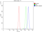 Flow Cytometry analysis of Jurkat cells using anti-TNIP3 antibody. Overlay histogram showing Jurkat cells stained with (Blue line). To facilitate intracellular staining, cells were fixed with 4% paraformaldehyde and permeabilized with permeabilization buffer. The cells were blocked with 10% normal goat serum. And then incubated with rabbit anti-TNIP3 antibody (1 ug/million cells) for 30 min at 20oC. DyLight 488 conjugated goat anti-rabbit IgG (5-10 ug/million cells) was used as secondary antibody for 30 minutes at 20oC. Isotype control antibody (Green line) was rabbit IgG (1 ug/million cells) used under the same conditions. Unlabelled sample without incubation with primary antibody and secondary antibody (Red line) was used as a blank control.