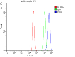 Flow Cytometry analysis of HEL cells using anti-IRGQ antibody. Overlay histogram showing HEL cells stained with (Blue line). To facilitate intracellular staining, cells were fixed with 4% paraformaldehyde and permeabilized with permeabilization buffer. The cells were blocked with 10% normal goat serum. And then incubated with rabbit anti-IRGQ antibody (1 ug/million cells) for 30 min at 20oC. DyLight 488 conjugated goat anti-rabbit IgG (5-10 ug/million cells) was used as secondary antibody for 30 minutes at 20oC. Isotype control antibody (Green line) was rabbit IgG (1 ug/million cells) used under the same conditions. Unlabelled sample (Red line) was also used as a control.