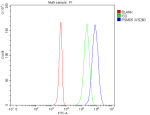 Flow Cytometry analysis of 293T cells using anti-PSMD5 antibody. Overlay histogram showing 293T cells stained with (Blue line). To facilitate intracellular staining, cells were fixed with 4% paraformaldehyde and permeabilized with permeabilization buffer. The cells were blocked with 10% normal goat serum. And then incubated with rabbit anti-PSMD5 antibody (1 ug/million cells) for 30 min at 20oC. DyLight 488 conjugated goat anti-rabbit IgG (5-10 ug/million cells) was used as secondary antibody for 30 minutes at 20oC. Isotype control antibody (Green line) was rabbit IgG (1 ug/million cells) used under the same conditions. Unlabelled sample without incubation with primary antibody and secondary antibody (Red line) was used as a blank control.