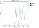 Flow Cytometry analysis of SiHa cells using anti-GLG1 antibody. Overlay histogram showing SiHa cells stained with (Blue line). To facilitate intracellular staining, cells were fixed with 4% paraformaldehyde and permeabilized with permeabilization buffer. The cells were blocked with 10% normal goat serum. And then incubated with rabbit anti-GLG1 antibody (1 ug/million cells) for 30 min at 20oC. DyLight 488 conjugated goat anti-rabbit IgG (5-10 ug/million cells) was used as secondary antibody for 30 minutes at 20oC. Isotype control antibody (Green line) was rabbit IgG (1 ug/million cells) used under the same conditions. Unlabelled sample without incubation with primary antibody and secondary antibody (Red line) was used as a blank control.
